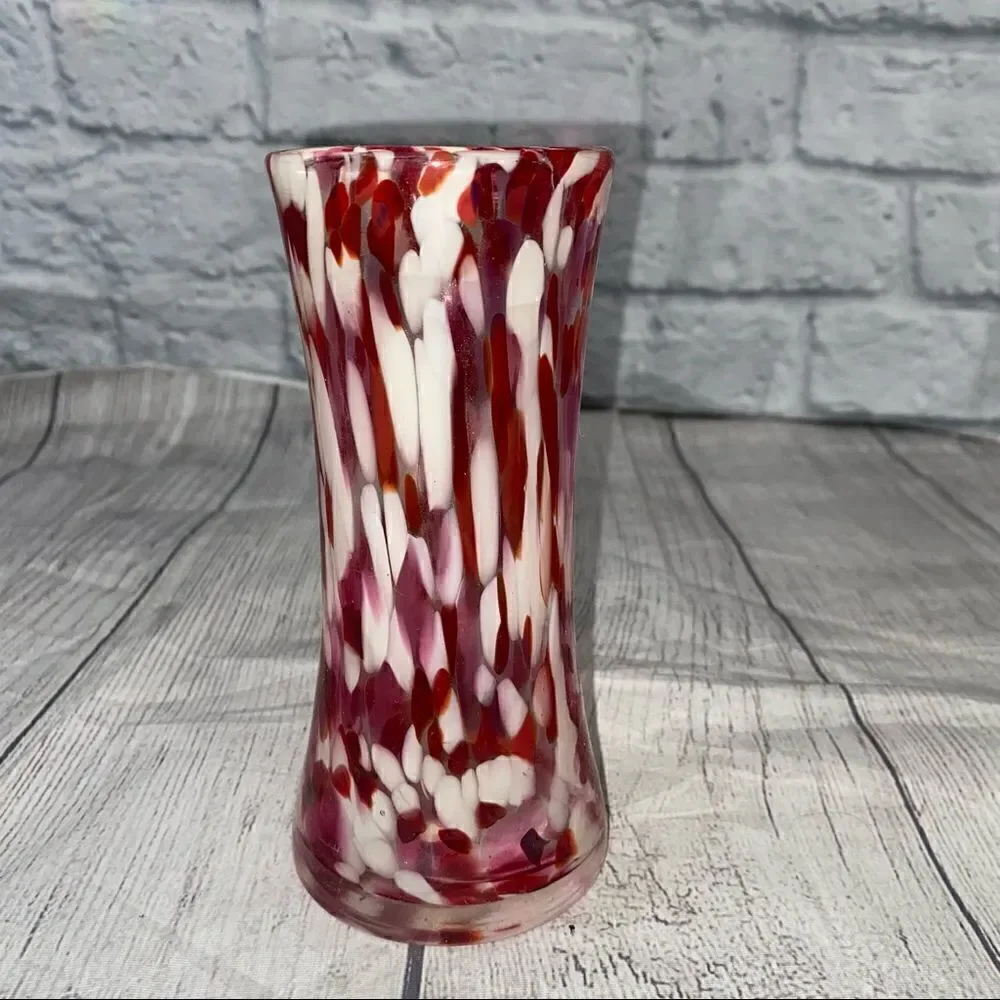 Glass painted vase 6” tall approx 2.5” wide red and white